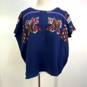 Handmade Woven Guatemalan Chajul Huipil Top Blue